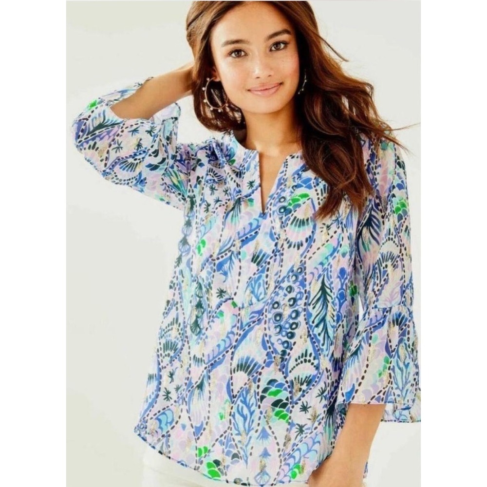 Lilly Pulitzer Silk Tails of the Sea Elenora Top Metallic Bell Sleeve Coastal S